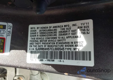 2012 Honda Cr-V Ex from USA, damaged, VIN 5J6RM4H57CL000545